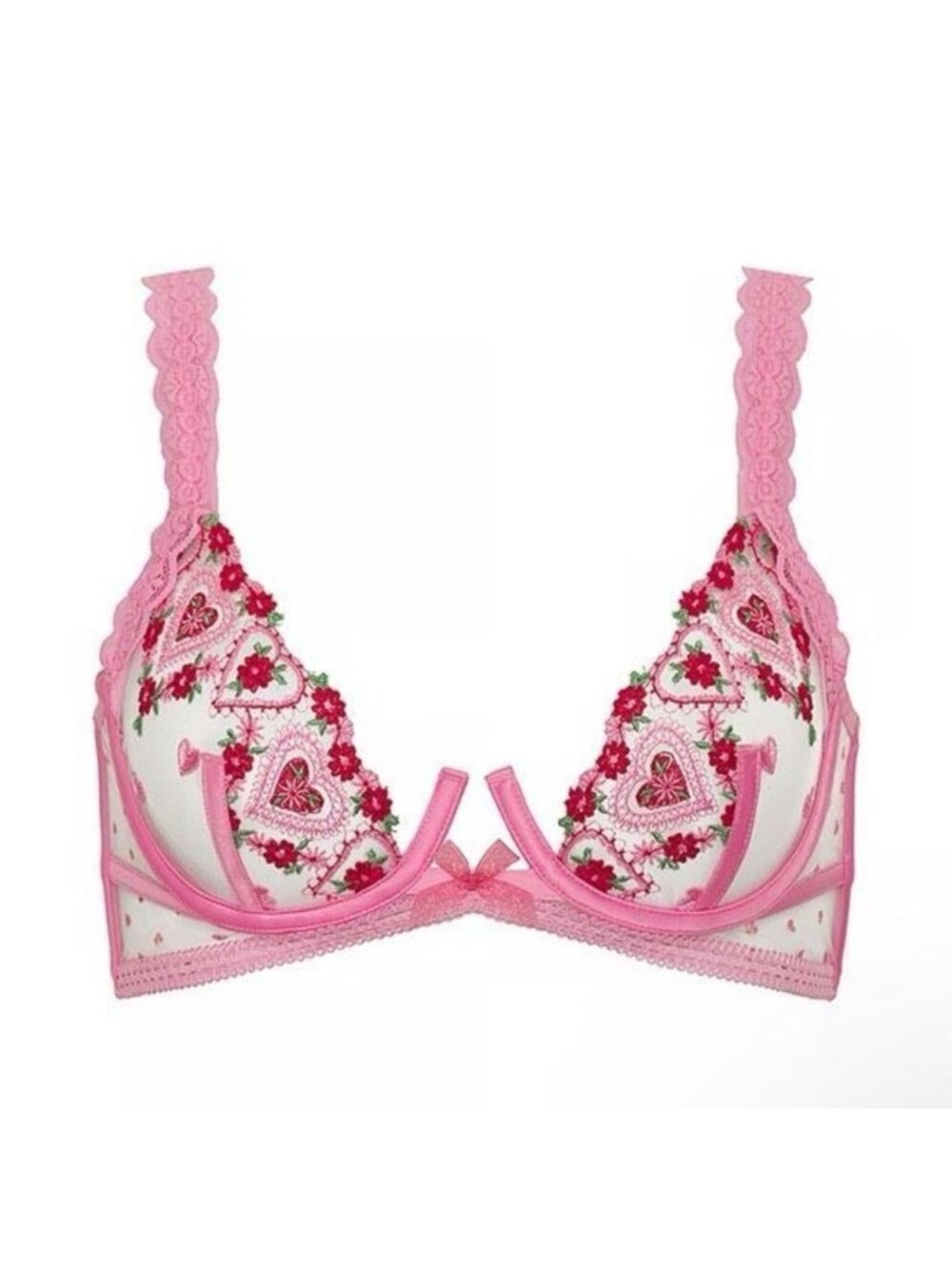 For Love And Lemons Pink Heart & Floral Embroidered Underwire Bra